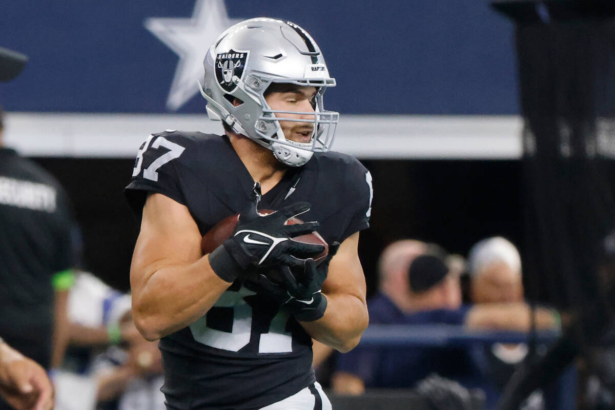 Las Vegas Raiders tight end Michael Mayer (87) warms up prior to a preseason NFL Football game ...