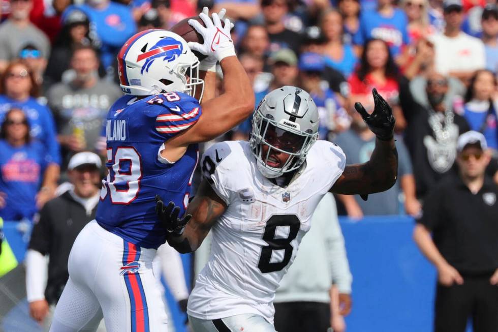 Buffalo Bills linebacker Matt Milano (58) intercepts a pass to Las Vegas Raiders' Josh Jacobs ( ...