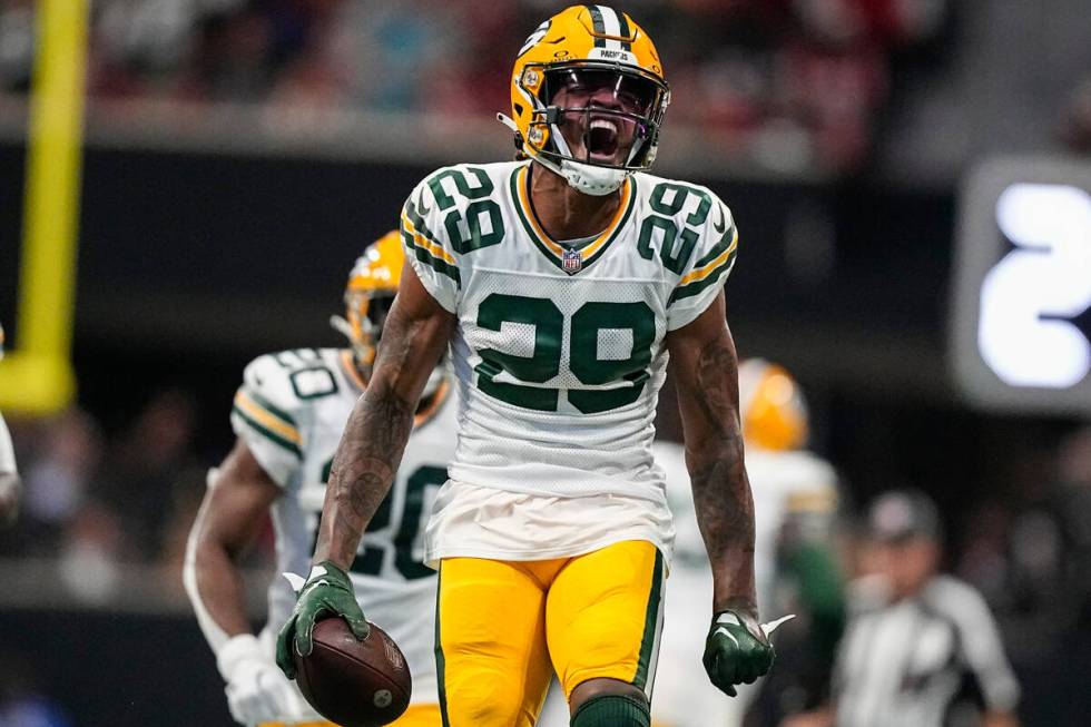 Green Bay Packers cornerback Rasul Douglas (29) celebrates his interception against the Atlanta ...