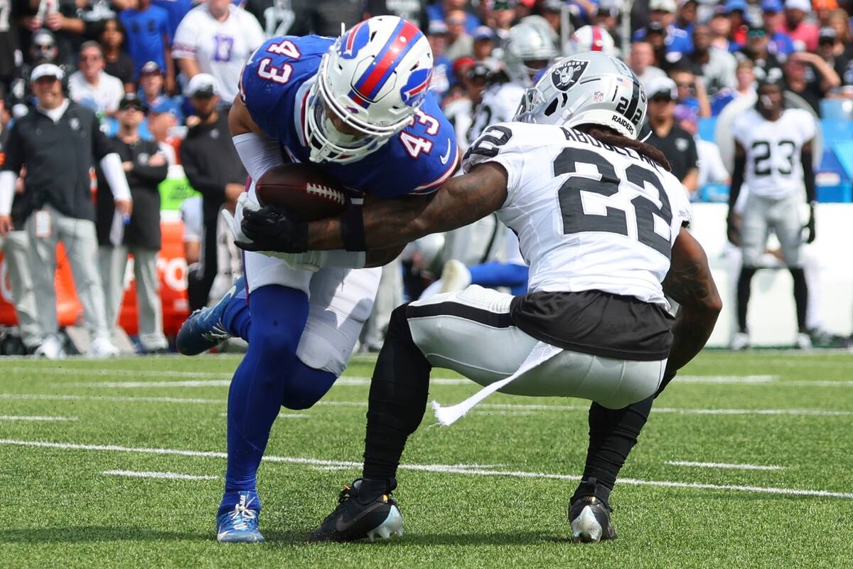 Buffalo Bills linebacker Terrel Bernard (43) intercepts a pass to Las Vegas Raiders' Ameer Abdu ...