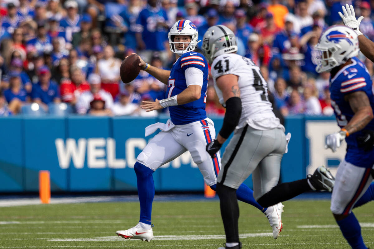 Buffalo Bills quarterback Josh Allen (17) throws a pass during an NFL football game, Sunday, Se ...
