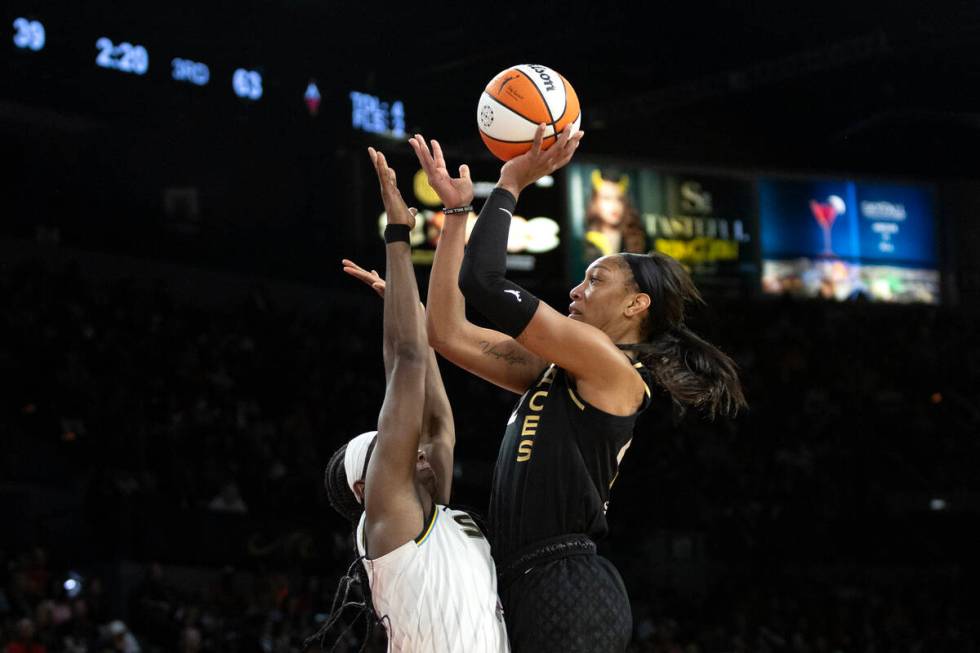 Las Vegas Aces forward A'ja Wilson (22) shoots against Chicago Sky forward Robyn Parks (21) dur ...