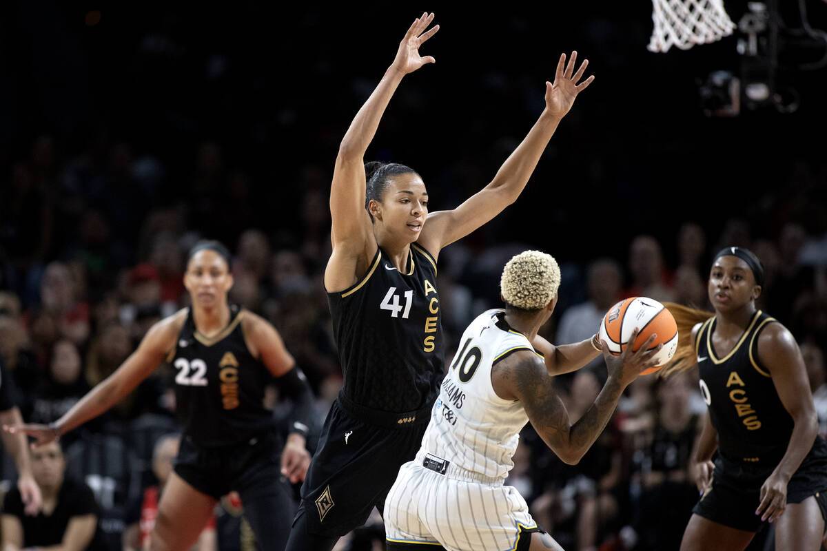 Las Vegas Aces center Kiah Stokes (41) guards Chicago Sky guard Courtney Williams (10) during t ...