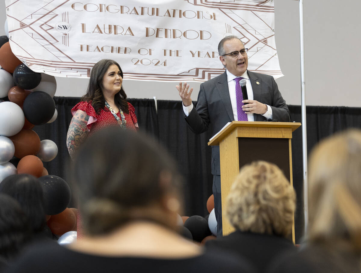 Clark County School District Superintendent Jesus Jara, right, speaks during an award ceremony ...