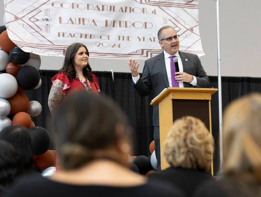 Clark County School District Superintendent Jesus Jara, right, speaks during an award ceremony ...