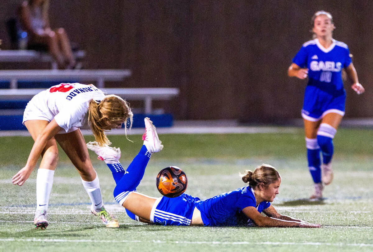 Coronado defender Saige Arens (18) gets tangled up with Bishop Gorman midfielder Kennedy Herma ...