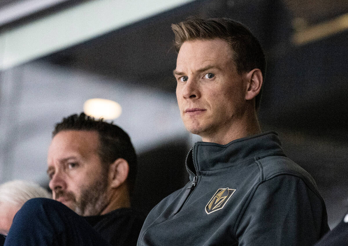 Golden Knights former defenseman Nick Holden watches a rookie camp game between Golden Knights ...