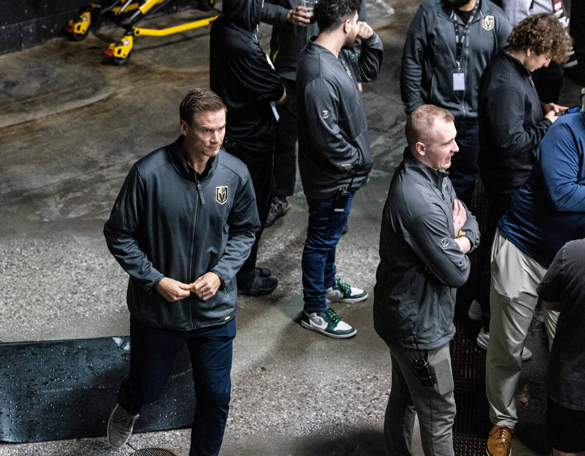 Golden Knights former defenseman Nick Holden, left, arrives at City National Arena to watche th ...