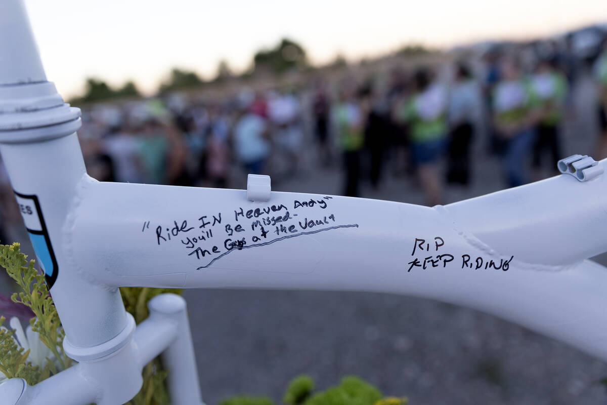 Messages are written on a memorial for Andreas Probst, a cyclist who was killed in a hit-and-ru ...
