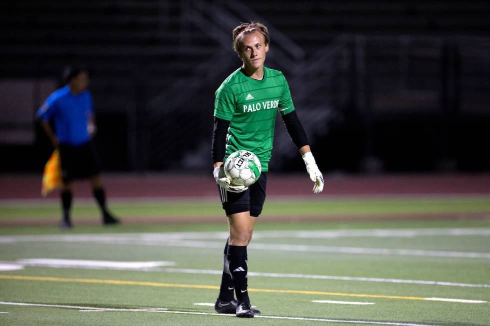 Palo Verde goalkeeper Henri Kettner reacts after losing a boys high school soccer game to Coron ...