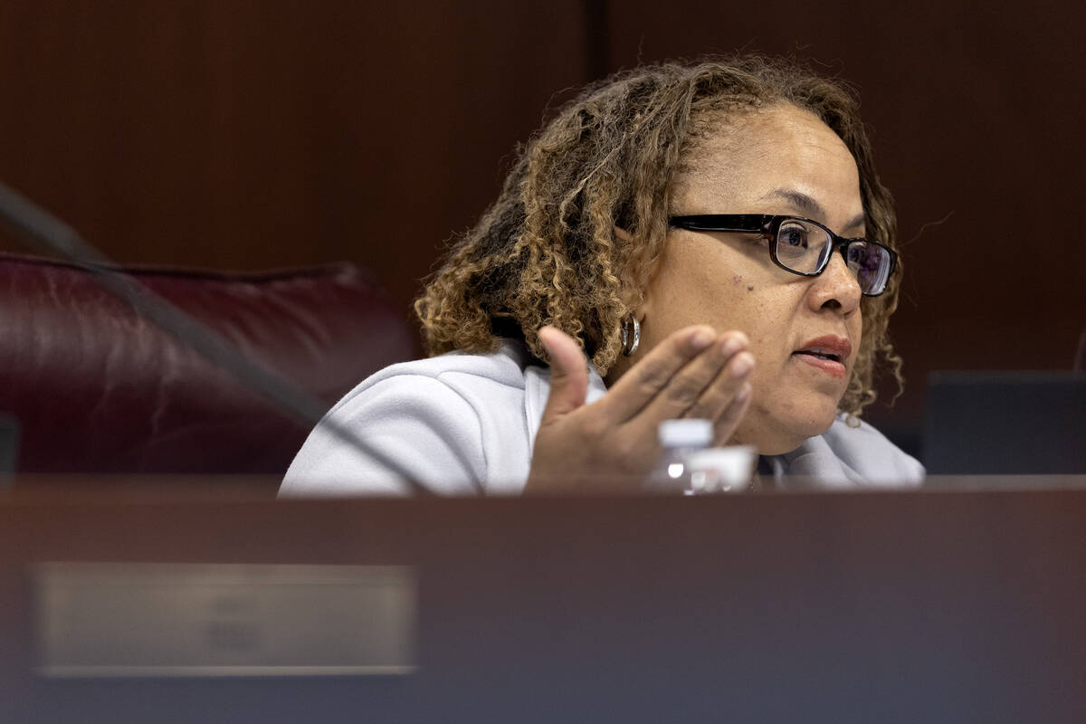 Sen. Dina Neal, D-North Las Vegas, asks questions to presenters in a meeting of the Senate Comm ...