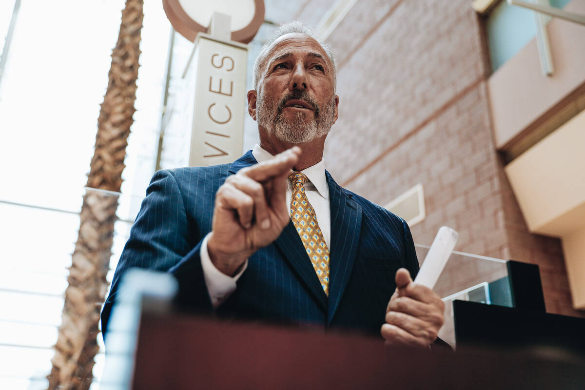 Clark County District Attorney Steven Wolfson speaks to the media following an arraignment for ...