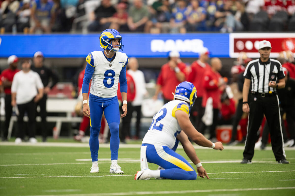 Los Angeles Rams place kicker Brett Maher (8) prepares to kick the ball during an NFL football ...