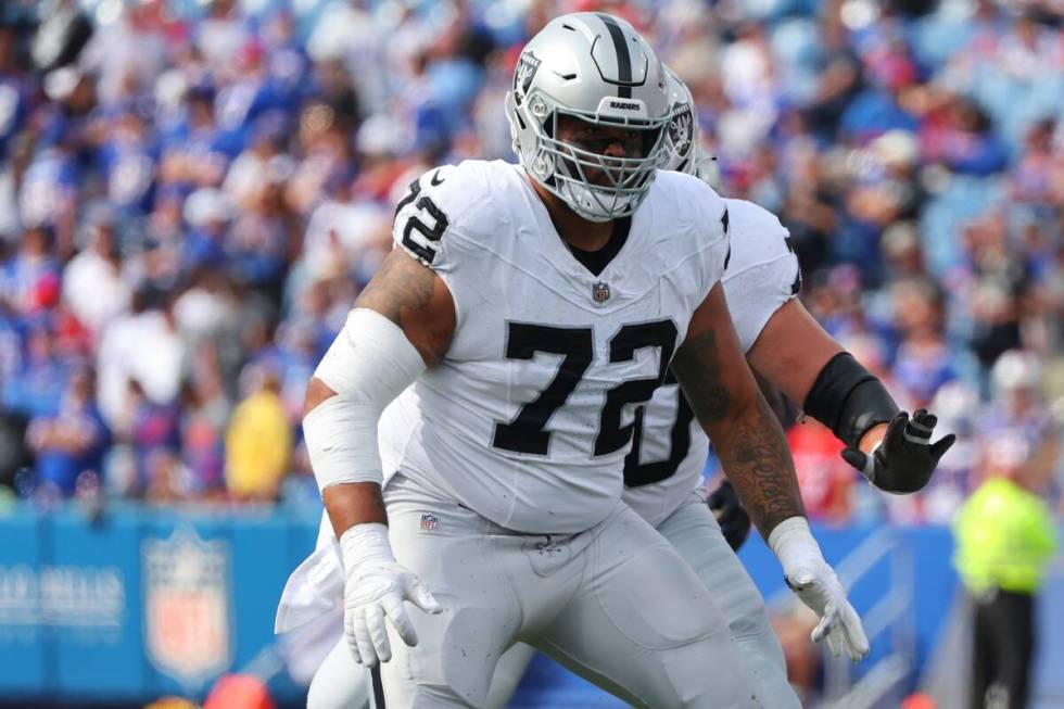 Las Vegas Raiders' Jermaine Eluemunor (72) during the second half of an NFL football game again ...