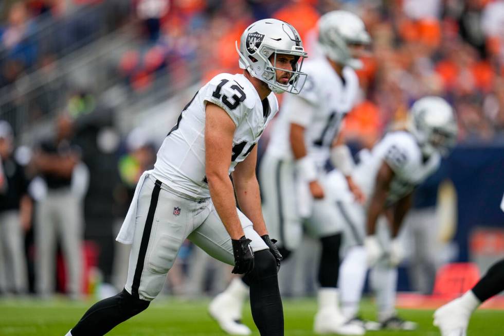 Las Vegas Raiders wide receiver Hunter Renfrow (13) loses up against the Denver Broncos during ...