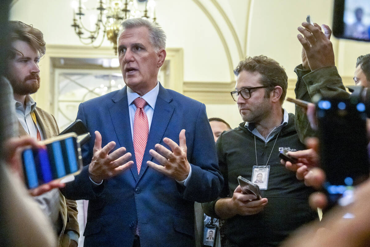 House Speaker Kevin McCarthy of Calif., speaks to reporters on Capitol Hill, Friday, Sept. 22, ...