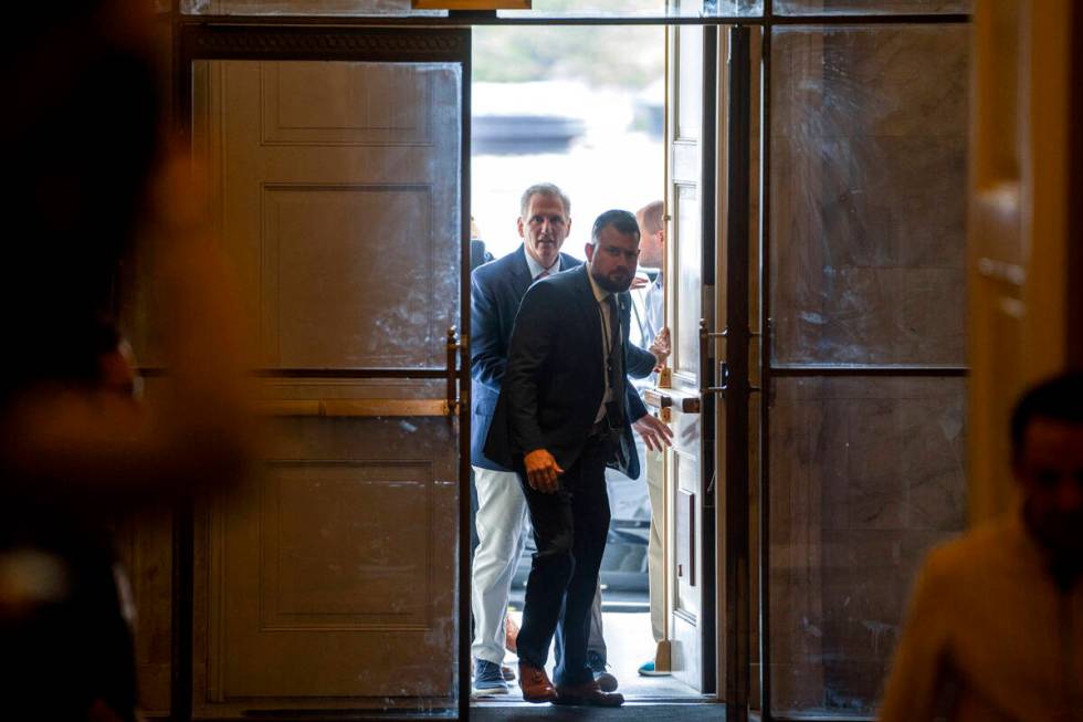 House Speaker Kevin McCarthy of Calif., arrives on Capitol Hill, Friday, Sept. 22, 2023, in Was ...