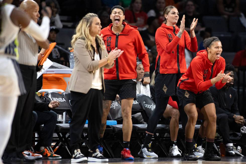 The against the Las Vegas Aces bench goes wild after their team scored during the second half i ...