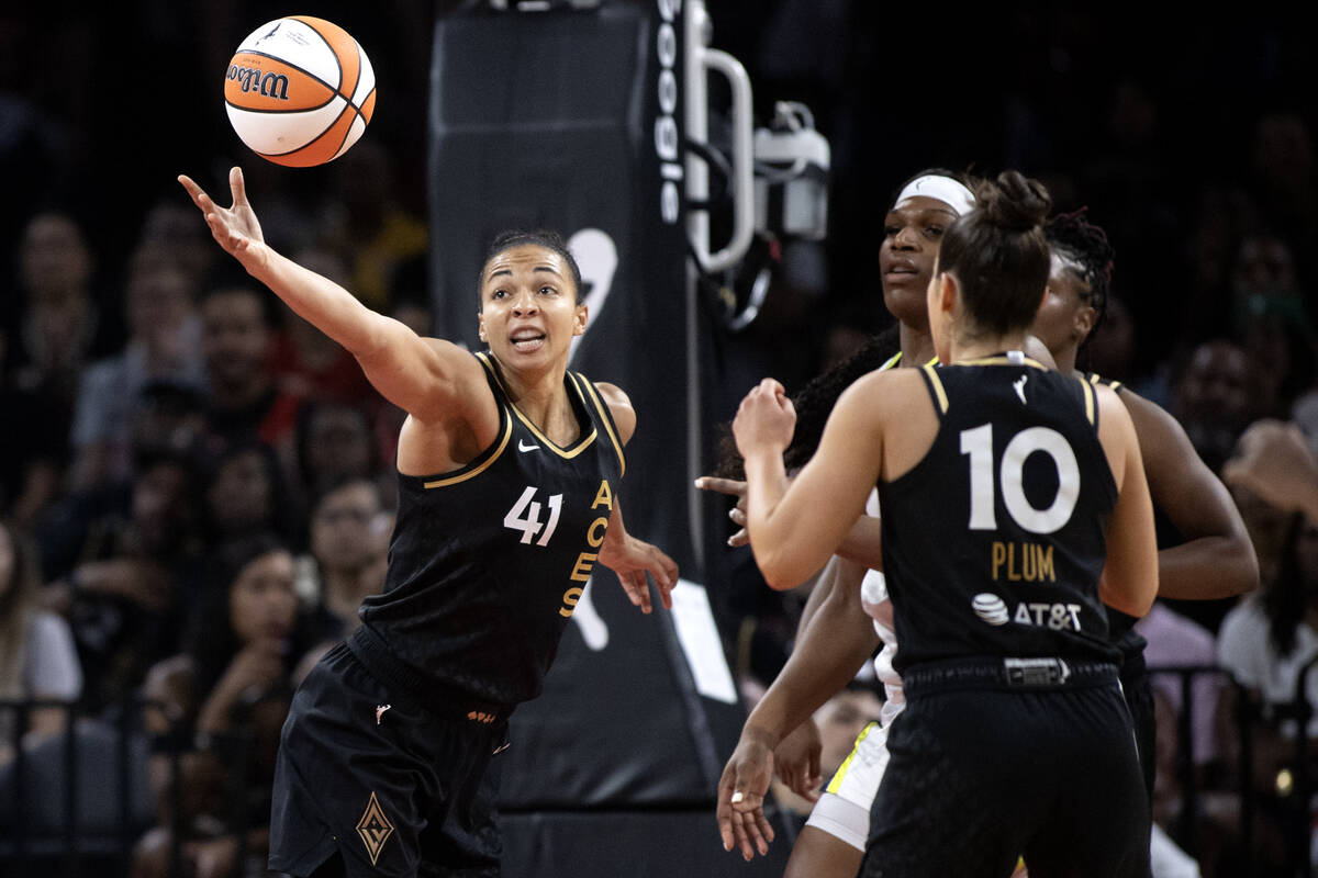 Las Vegas Aces center Kiah Stokes (41) reaches for a rebound over the Dallas Wings during the s ...