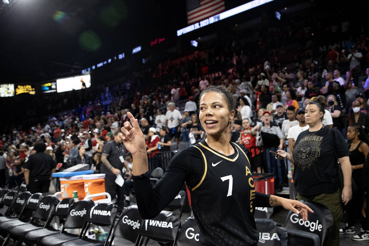 Las Vegas Aces forward Alysha Clark (7) leaves the court after winning Game 1 of a WNBA basketb ...