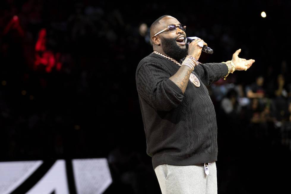 Rick Ross performs during halftime in Game 1 of a WNBA basketball semifinal series at Michelob ...