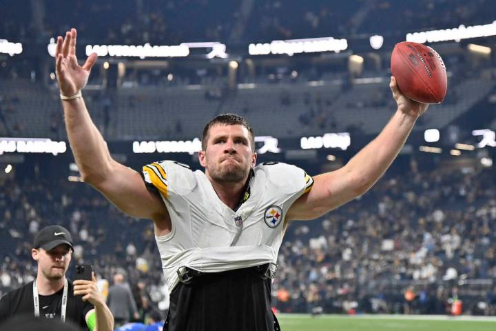 Pittsburgh Steelers linebacker T.J. Watt walks off the field after a win over the Las Vegas Rai ...