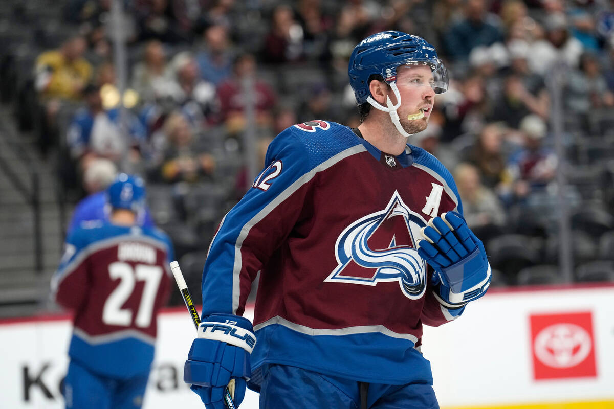 Colorado Avalanchecenter Ryan Johansen waits for play to resume in the second period of a prese ...