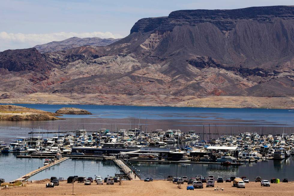 Boats are docked at the Las Vegas Boat Harbor in the Lake Mead National Recreation Area on June ...