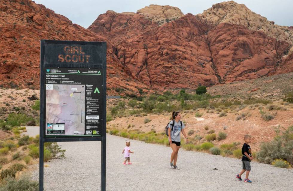 A family walks along Girl Scout trail in Red Rock Canyon in June 2023 in Las Vegas. (Daniel Pea ...