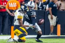 Raiders cornerback Nate Hobbs (39) deflects away a pass downfield to Pittsburgh Steelers wide r ...