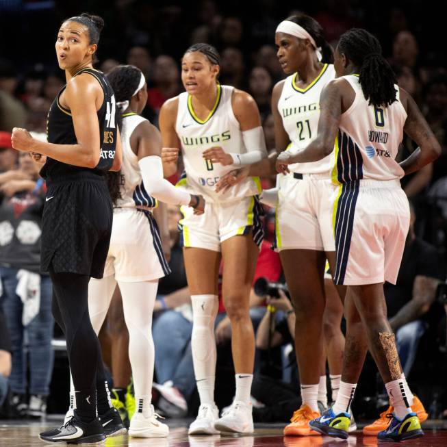 Las Vegas Aces center Kiah Stokes (41) reacts after referees gave her team a foul while the Dal ...