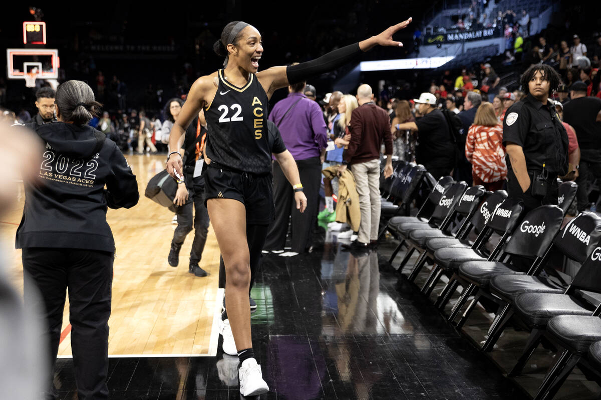 Las Vegas Aces forward A'ja Wilson (22) waves to the stands after winning Game 2 of a WNBA bask ...