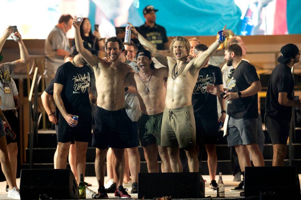 Golden Knights right wing Reilly Smith, left, right wing Jonathan Marchessault and William Karl ...