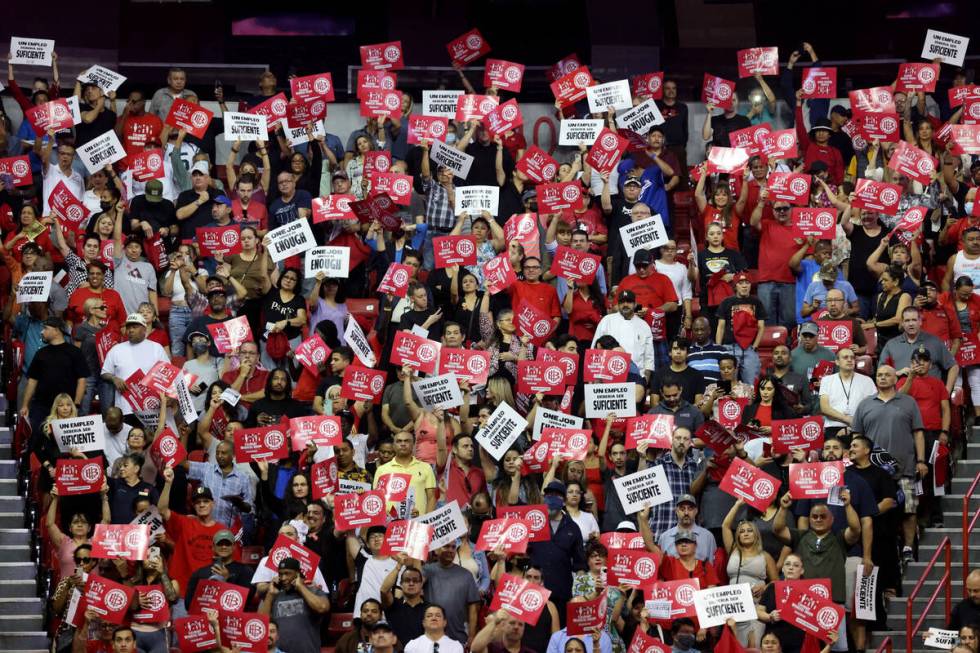 Culinary Union members rally ahead of a strike vote at Thomas & Mack Center on the UNLV cam ...