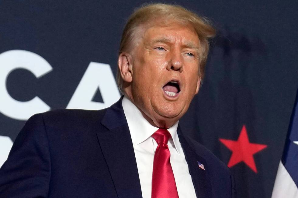 Former President Donald Trump speaks during a rally, Sept. 20, 2023, in Dubuque, Iowa. (AP Phot ...