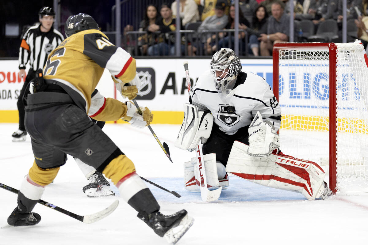 Golden Knights right wing Jonas Rondbjerg (46) attempts a goal against Kings goaltender Jean-Fr ...