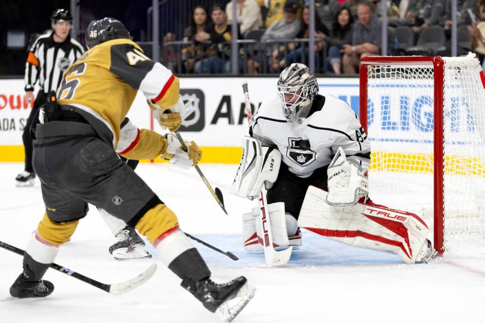 Golden Knights right wing Jonas Rondbjerg (46) attempts a goal against Kings goaltender Jean-Fr ...