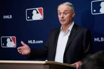 Major League Baseball Commissioner Rob Manfred speaks to members of the media following an owne ...