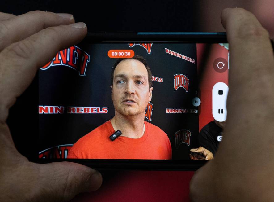 UNLV's men's basketball head coach Kevin Kruger addresses the media after team practice, on Wed ...