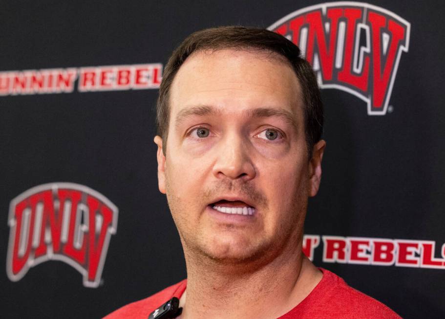 UNLV's men's basketball head coach Kevin Kruger addresses the media after team practice, on Wed ...