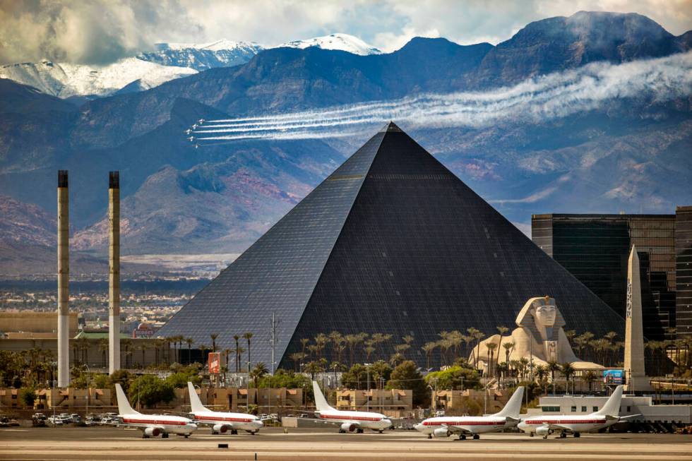 The U.S. Air Force Air Demonstration Squadron Thunderbirds flyover Las Vegas and above the Luxo ...