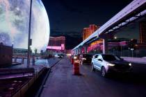 The Sphere lights up traffic on Sands Avenue near the Strip in Las Vegas Wednesday, Aug. 16, 20 ...