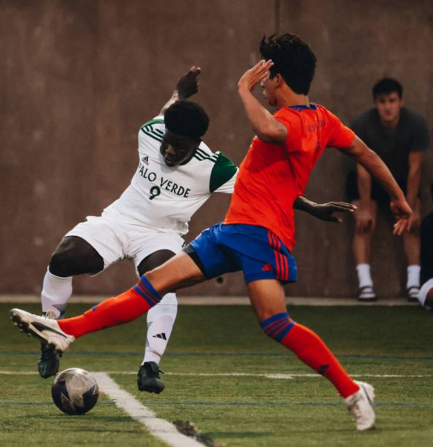 Palo Verde forward Quinton Alewine (9) tries to keep the ball in his possession during a game a ...