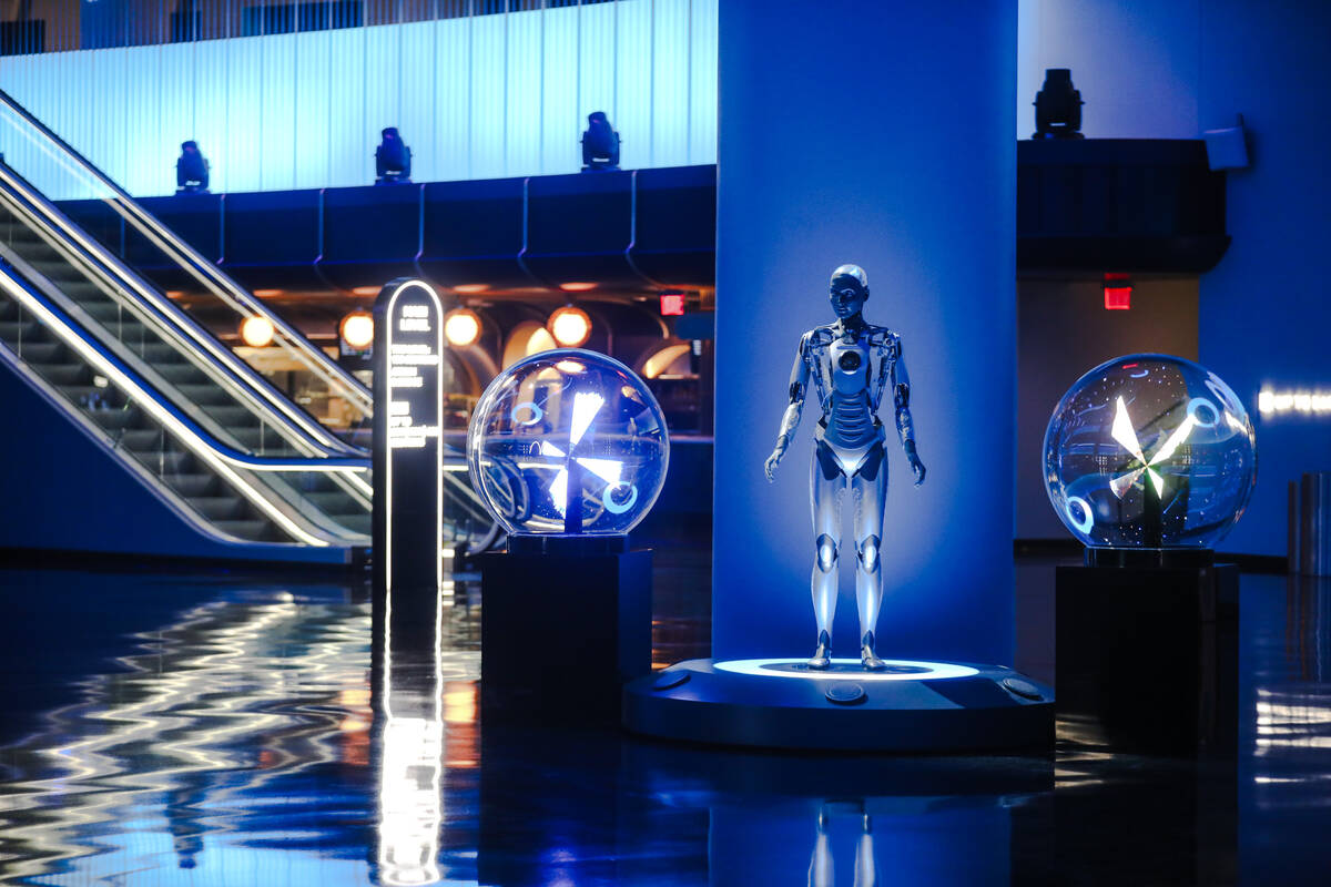 Aura, one of five humanoid robots in the atrium inside The Sphere in Las Vegas, Thursday, Sept. ...