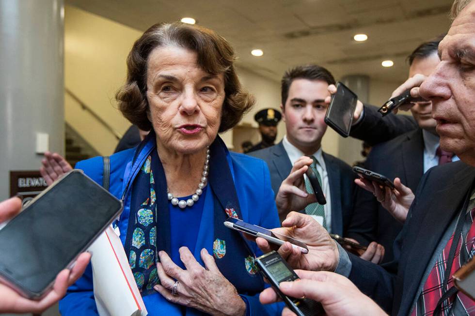 FILE - In this Jan. 28, 2020 file photo, Sen. Dianne Feinstein, D-Calif., speaks to reporters a ...