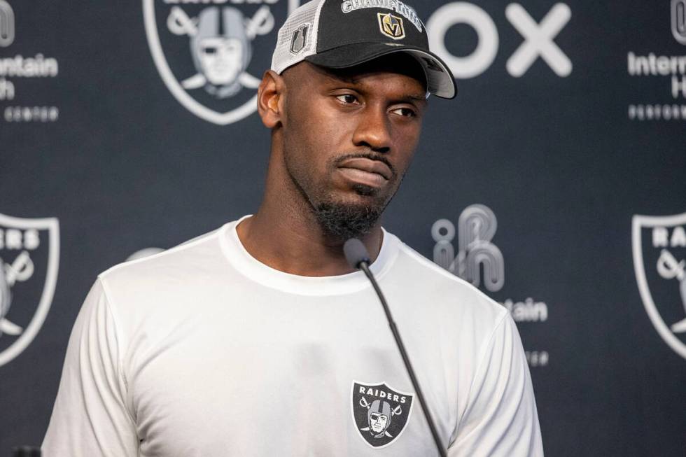 Raiders defensive end Chandler Jones takes questions during a news conference at Intermountain ...