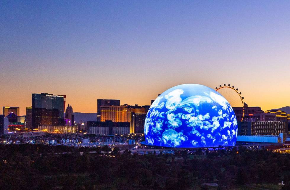 A jellyfish graphic during the opening night of the Sphere with U2 concert on stage Friday, Sep ...