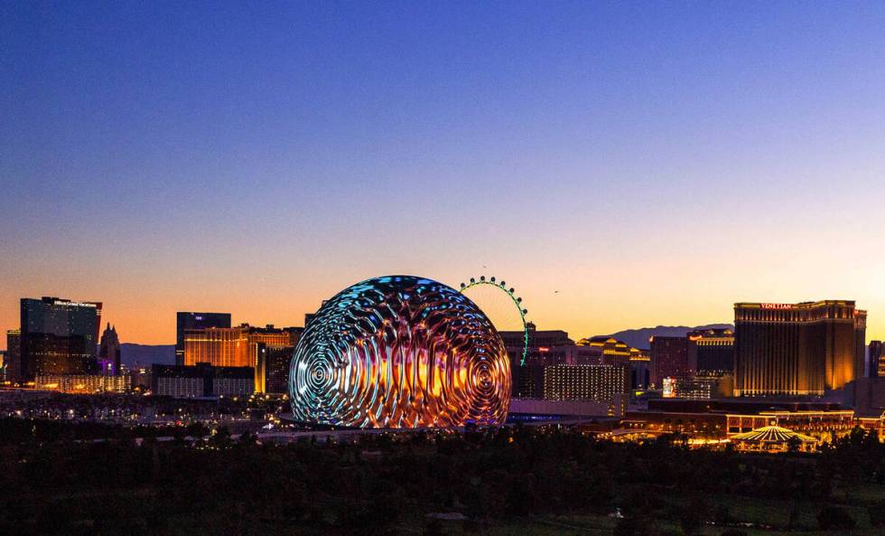 A metallic ball graphic during the opening night of the Sphere with U2 concert on stage Friday, ...