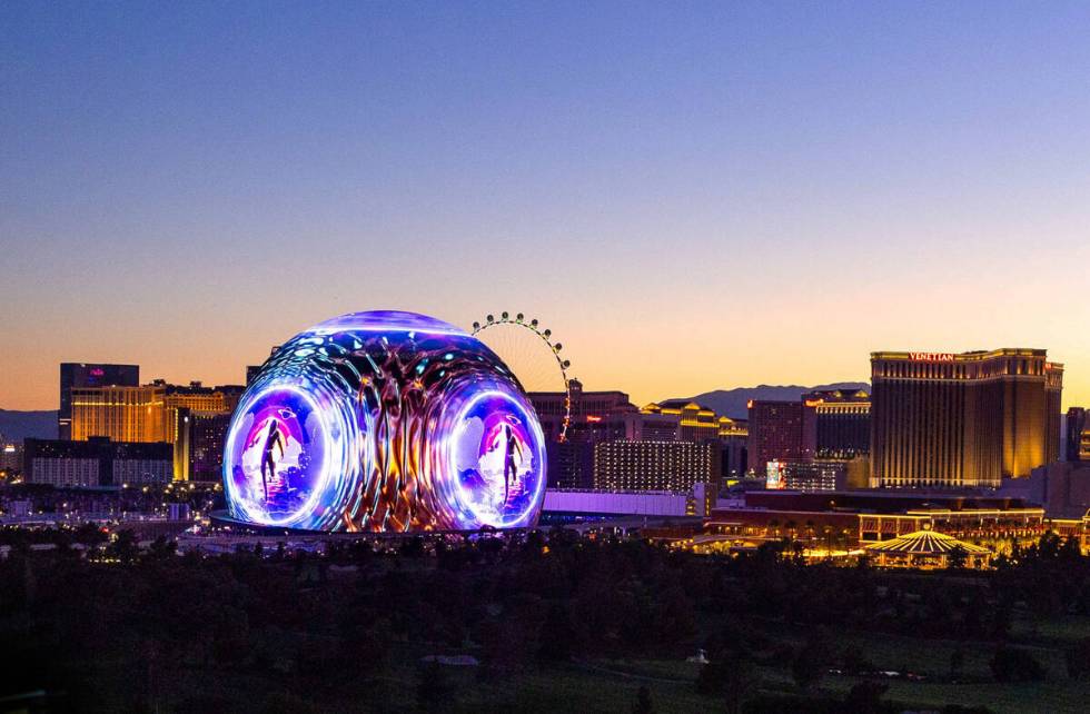 A metallic ball with character graphic during the opening night of the Sphere with U2 concert o ...