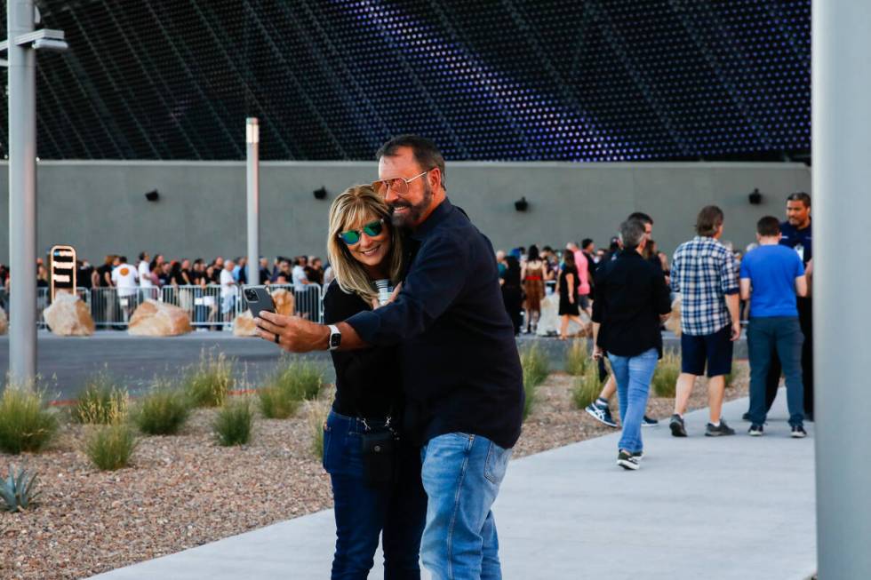 Excited fans wait outside of the Sphere on the night of its inaugural performance featuring U2 ...